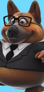 Cartoon dog wearing a suit and glasses against a sky blue background.