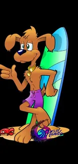 Cartoon dog surfer with bright surfboard on black background.