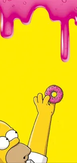 Cartoon character reaching for a pink frosted donut on a yellow background.