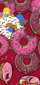 Cartoon donut wallpaper with sprinkles and playful characters.