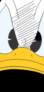 Close-up cartoon duck face in black and yellow.