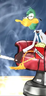 Cartoon duck sitting on red chair with popcorn and smoke.