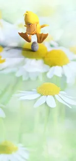 Yellow cartoon duck balancing on daisies with a soft floral background.