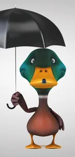 Cartoon duck holding an umbrella on a gray background.