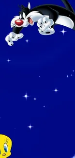 Cartoon characters on blue starry background wallpaper for mobile.