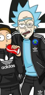 Cartoon duo in Adidas tracksuits with humorous expressions.