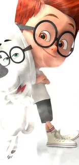 Boy with glasses and white dog cartoon wallpaper.