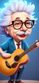 Cartoon of Einstein holding a guitar against a blue background.