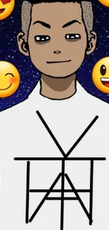 Cartoon character with smiley emojis on a starry background.