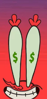 Cartoon eyes with dollar signs on red gradient background.