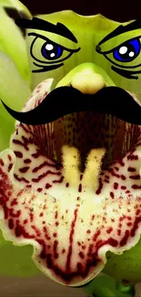 Whimsical orchid with cartoon face and mustache on green background.