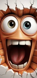 Funny cartoon face breaking through a wall.