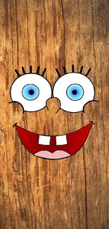 Cartoon face with blue eyes on a wooden background wallpaper.