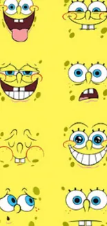 Cartoon faces wallpaper on a bright yellow background with various expressions.