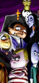 Cartoon family gathering with spooky vibe.