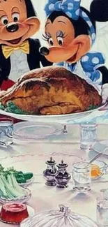 Disney characters celebrating with a festive roasted turkey.