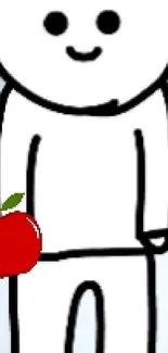 Minimalist cartoon character holding a red apple on a gray background.