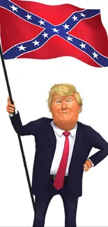 Cartoon figure holding a flag with bold colors and a unique design.