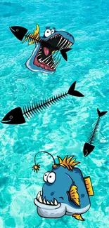 Cartoon fish swim in turquoise blue waters on mobile wallpaper.