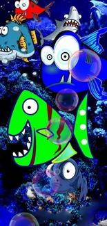 Colorful cartoon fish swim among bubbles in an animated underwater scene.