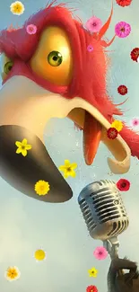 Cartoon flamingo holding a microphone in a vibrant, colorful scene.