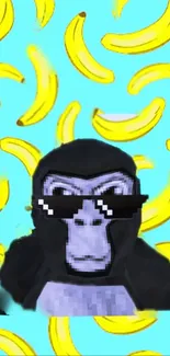 Pixelated monkey with sunglasses on banana pattern background.