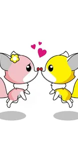 Cute pink and yellow foxes with hearts on a white background.