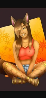 Cartoon fox girl with orange background.