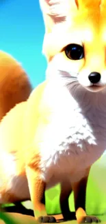 A cute cartoon fox in a vibrant nature setting.