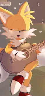 Cartoon fox character joyfully playing a guitar.