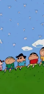 Cartoon friends sitting under a blue sky with butterflies.