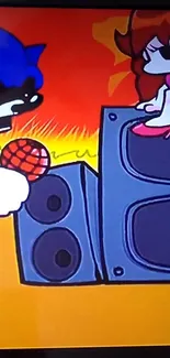 Cartoon characters in a colorful music battle scene with speakers.