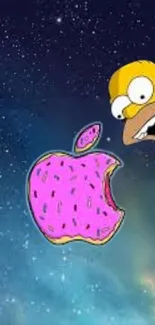 Cartoon character with pink donut in galaxy background.