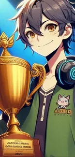 Anime character holding a gold trophy with headphones.