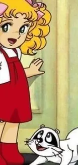 Cartoon girl with blonde curls and raccoon by door.