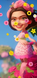 Cartoon girl in pink dress surrounded by roses with a bright blue sky.