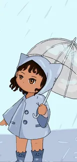 Cartoon girl in blue raincoat with umbrella, standing in rain.