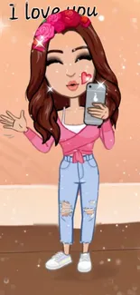 Cartoon girl with phone, pink top, and denim jeans.