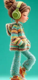 Cartoon girl with headphones and fuzzy outfit on turquoise background.