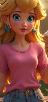 Cartoon girl holding ice cream in sunset.