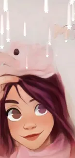 Cartoon girl with purple hair, pink hat, and starry background.