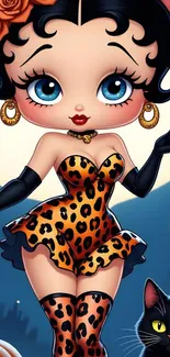 Glamorous cartoon character in leopard print with cat, Halloween theme.