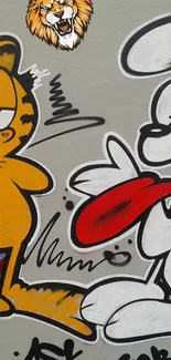 Playful cartoon graffiti on a gray background.