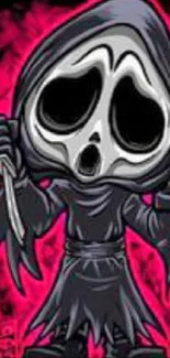 Cartoon Grim Reaper with pink glow in spooky wallpaper art.