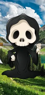 Cartoon Grim Reaper in a mountain setting wallpaper.