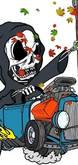 Grim Reaper driving a hot rod in cartoon style.