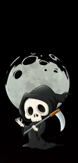 Cartoon Grim Reaper with scythe under full moon on black background.