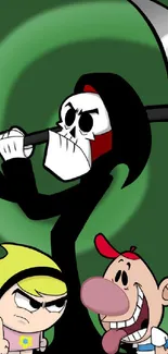 Cartoon Grim Reaper with playful kids on green background.