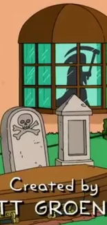 Cartoon graveyard with tombstone and silhouette in window.