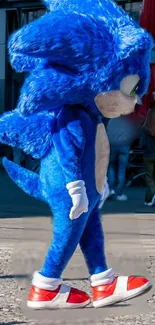 Cartoon hedgehog character in suit with vibrant blue fur walking.